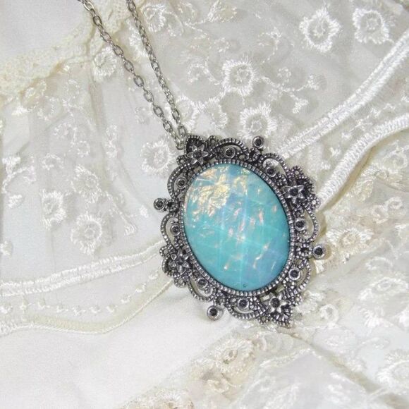 COPY - Rainbow Blue Moonstone FIre Opal Necklace Cameo - Picture 1 of 3